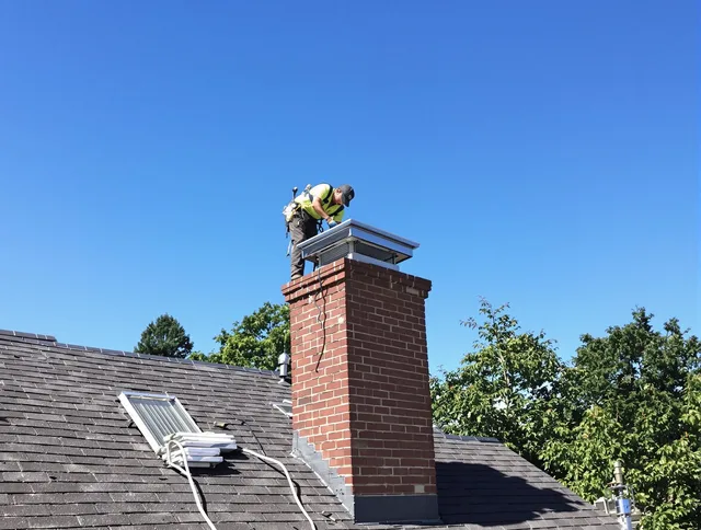 Bedford Heights Chimney Sweep technician measuring a chimney cap in Bedford Heights, OH