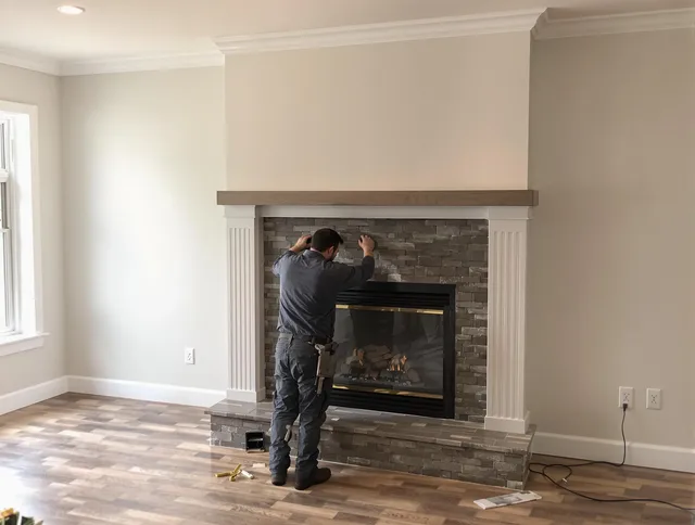 Bedford Heights Chimney Sweep finishing a custom fireplace install in Bedford Heights, OH